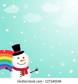 Happy snowman in the sky with rainbow