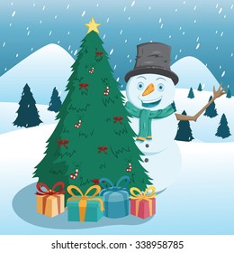 Happy Snowman With Smile And Christmas Tree With Snow Background