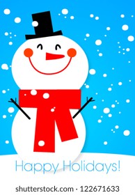 Happy snowman with snow cartoon card. Vector Illustration.