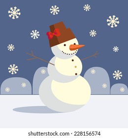 Happy snowman and snowflakes. Christmas flat vector background.