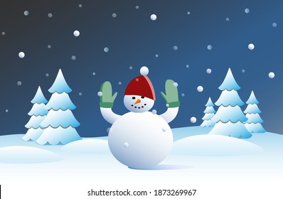 A happy snowman in a snowy winter landscape. Vector Illustration