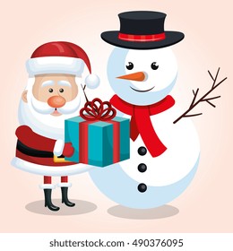 happy snowman and snta claus with blue gift ribbon isolated