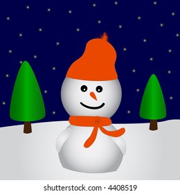 Happy snowman standing in a snowy forest
