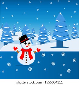 happy snowman standing in winter ,snow background