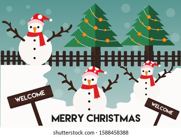 The happy snowman stands on large snowball in Christmas Day. Fence arranged longitudinal around Christmas trees its decorated with many lights. Welcome label and Merry Christmas word. Holiday seasons 