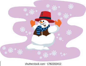 A happy snowman staring at snow falling from the sky