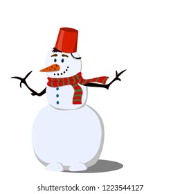Happy snowman in a striped scarf on the eve of Christmas. Illustration in flat style
