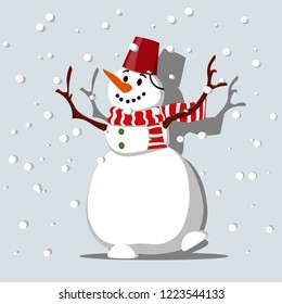 Happy snowman in a striped scarf on the eve of Christmas. Illustration in flat style