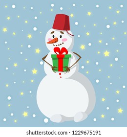 Happy snowman in a striped scarf on the eve of Christmas. Illustration in flat style