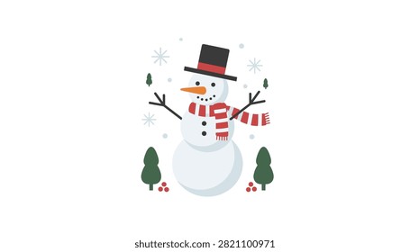 Happy snowman with top hat and scarf standing in winter snow with trees.