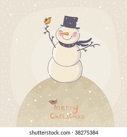 Happy Snowman under snowfall