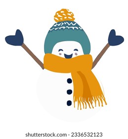 Happy snowman vector character, with hat and scarf