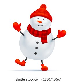 Happy snowman vector illustration. Standing and smiling Santa Claus with a red beanie hat, scarf, gloves, and shoes isolated on a white background. Christmas, or New Year holidays design decoration.