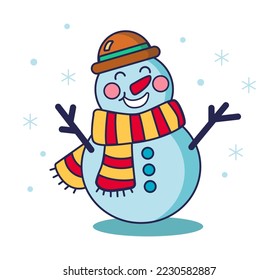 Happy Snowman Vector Illustration. Winter Holidays Character. Cartoon Style Snowman