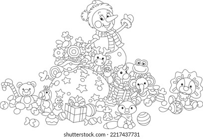 Happy snowman waving in greeting surrounded by winter holiday gifts, sweets and funny toys, black and white vector cartoon illustration for a coloring book page