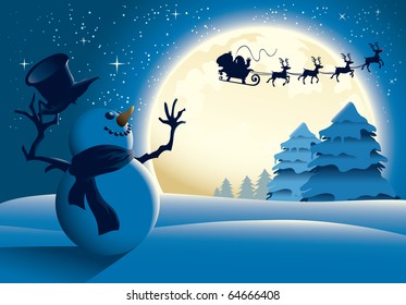 Happy snowman waving to Santa sleigh