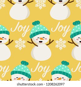 Happy snowman wear green yarn hat with joy text and snowflakes seamless pattern on yellow background. Cute cartoon character design for winter holidays greeting season wrapping papers etc. 