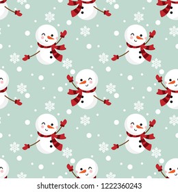 Happy snowman wear red scarf and gloves with snowflakes seamless pattern on light color background. Design for winter holidays greeting season, wrapping papers etc. Vector illustration.