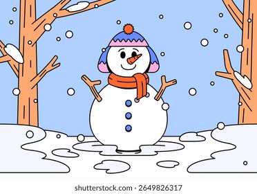 Happy snowman wearing a colorful winter hat and scarf, standing in a snowy forest. Surrounded by falling snow and bare trees in cartoon style hand drawn vector