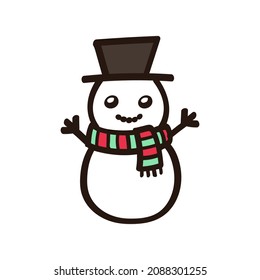 Happy snowman wearing hat and scarf doodle clipart