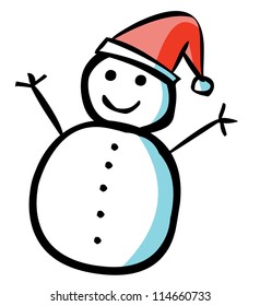 A happy snowman wearing Santa Claus's hat.