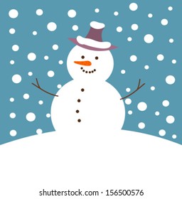 Happy snowman in winter snow fall. Vector illustration