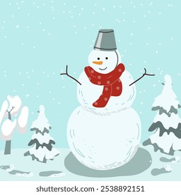 Arte vectorial de invierno feliz del país de las maravillas del muñeco de nieve, ilustración dibujada a mano.