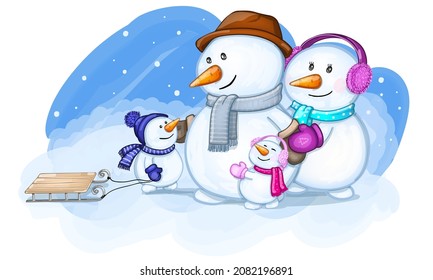 Happy Snowmen Family. Vector Illustration.
