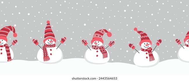 Happy snowmen have fun in winter holidays. Seamless border. Christmas background. Different snowmen in red winter hats and scarves. Greeting card template. Vector illustration on gray