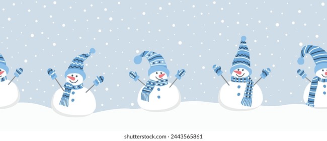 Happy snowmen have fun in winter holidays. Seamless border. Christmas background. Different snowmen in blue winter hats and scarves. Greeting card template. Vector illustration on light blue
