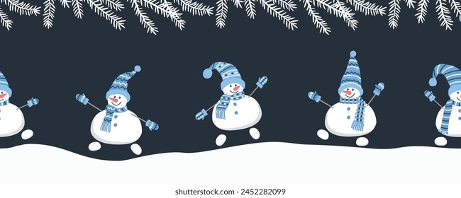 Happy snowmen have fun in winter holidays. Seamless border. Christmas background. Cute snowmen in blue winter hats and scarves are  dancing. Greeting card template. Vector illustration on dark blue