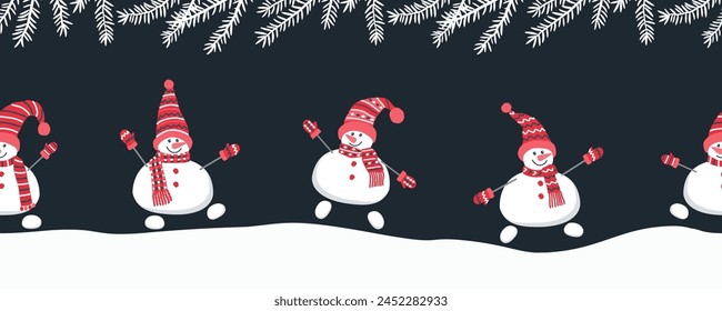Happy snowmen have fun in winter holidays. Seamless border. Christmas background. Cute snowmen in red winter hats and scarves are  dancing. Greeting card template. Vector illustration on dark blue