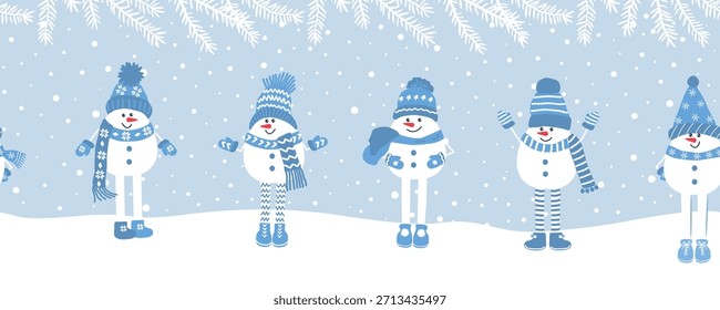 Los hombres de nieve felices se divierten en las vacaciones de invierno. Frontera sin fisuras. Navidades Antecedentes. Diferentes muñecos de nieve en sombreros azules de invierno, bufandas bajo ramas de abetos. Plantilla de tarjeta de felicitación. Vector en azul claro