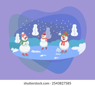 Happy snowmen playing outdoors vector illustration. Cartoon snow characters in warm clothes ice skating, playing with snowballs, enjoying holidays. Winter activities, Christmas concept