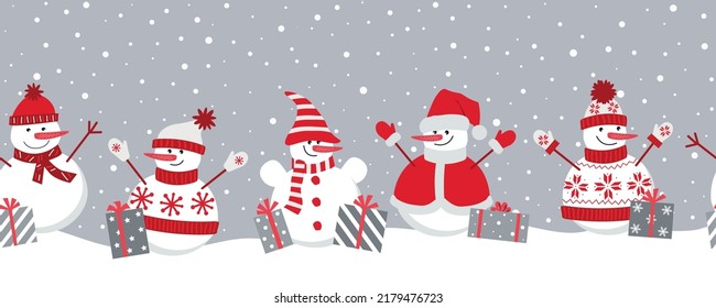 Happy snowmen rejoice in winter holidays. Seamless border. Christmas background. Five different snowmen with gifts under the snow. Can be used as a template for a greeting card. Vector