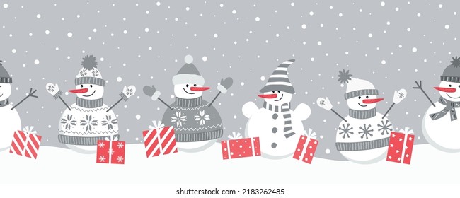 Happy snowmen rejoice in winter holidays. Seamless border. Christmas background. Five different snowmen with gifts under the snow. Can be used as a template for a greeting card. Vector illustration