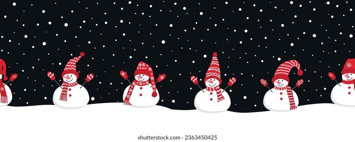 Happy snowmen rejoice in winter holidays. Seamless border. Christmas background. Five different snowmen in red winter clothes under the snow. Greeting card template. Vector illustration