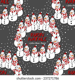 Happy snowmen in Santa Claus hats and striped scarfs wreath Christmas winter holiday illustration with Merry Christmas wishes in Italian on dark background seamless pattern
