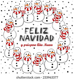 Happy snowmen with stripped scarfs wreath Christmas winter holiday card illustration with Merry Christmas wishes in Spanish on white background