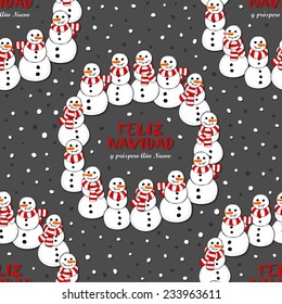 Happy snowmen with stripped scarfs wreath Christmas winter holiday seamless pattern with Merry Christmas wishes in Spanish on dark background