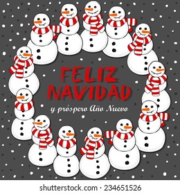 Happy snowmen with stripped scarfs wreath Christmas winter holiday card illustration with Merry Christmas wishes in Spanish on dark background 