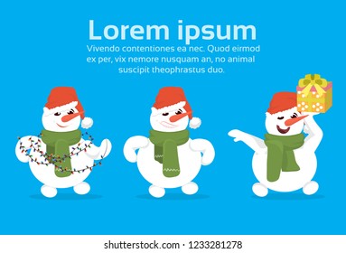 happy snowmen wear red hat hold lights wrapped gift box present merry christmas happy new year holiday concept flat horizontal copy space vector illustration
