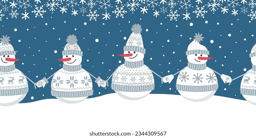 happy snowmen in winter holidays. Seamless border. Christmas background. Different snowmen in gray winter clothes under snowflakes. Greeting card template. Vector illustration on blue