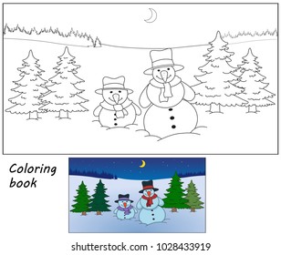 Happy snowmen.Coloring book. Cartoon vector illustration. Eps 10