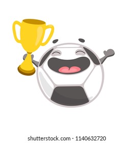 Happy soccer ball cartoon character holding winner's cup and laughing. Football champion. Vector illustration isolated on white background.