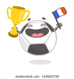 Happy soccer ball cartoon character holding flag of France and winner's cup. Football champion. Vector illustration isolated on white background.
