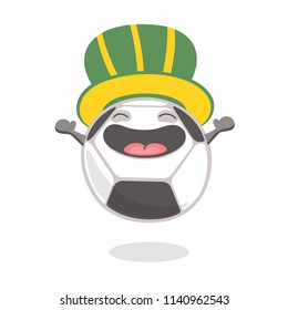 Happy soccer ball cartoon character jumping in fan hat. Football viewer. Vector illustration isolated on white background.