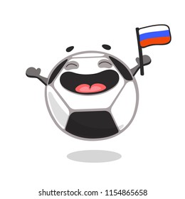 Happy soccer ball cartoon character holding flag of Russia. Football fan on the match. Vector illustration isolated on white background.