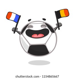 Happy soccer ball cartoon character holding flags of rival countries - France and Belgium. Football fan. Match. Vector illustration isolated on white background.