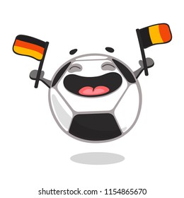 Happy soccer ball cartoon character holding flags of rival countries - Germany and Belgium. Football fan. Match. Vector illustration isolated on white background.